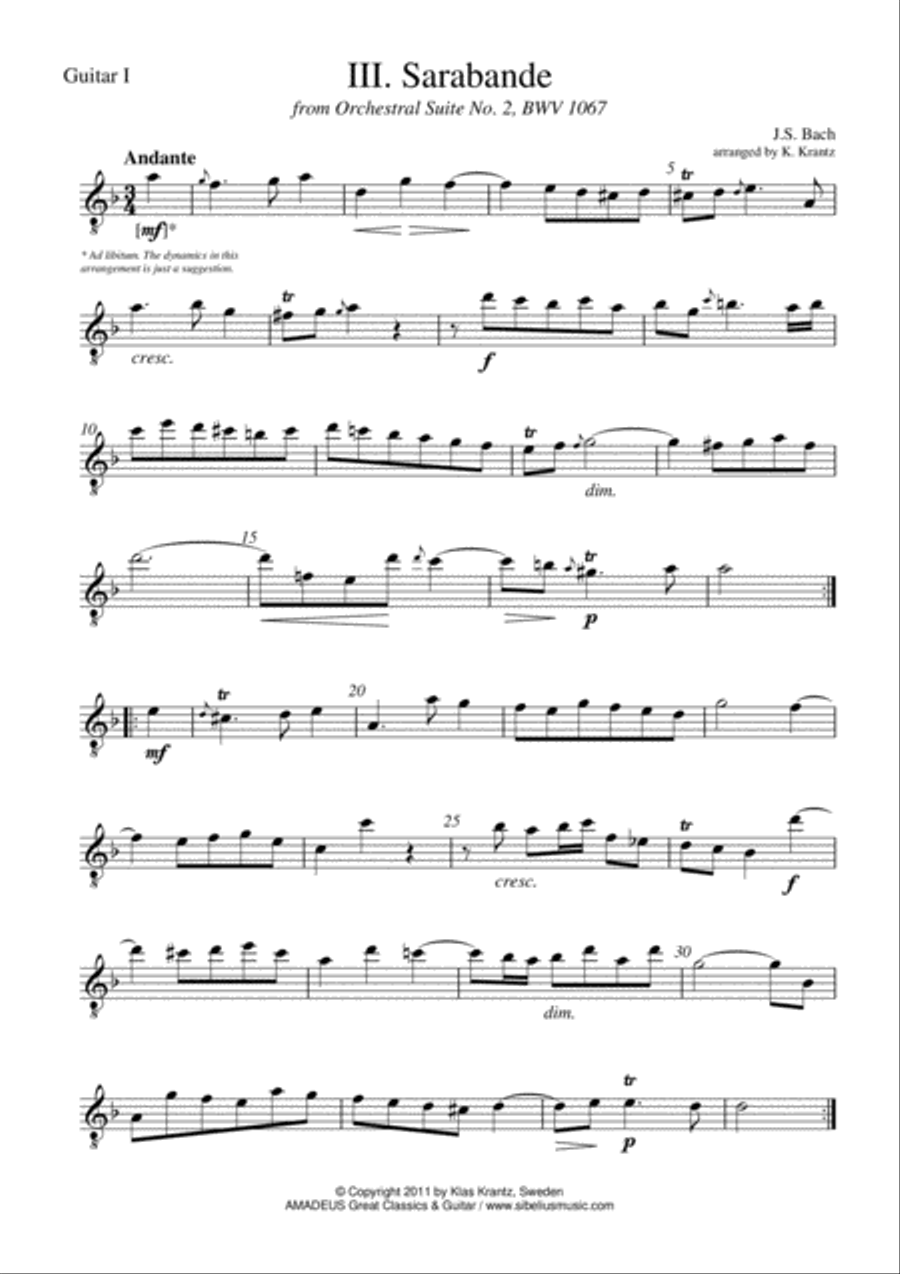 Sarabande Suite 2 BWV 1067 for guitar quartet Guitar Ensemble scores gallery preview page 3