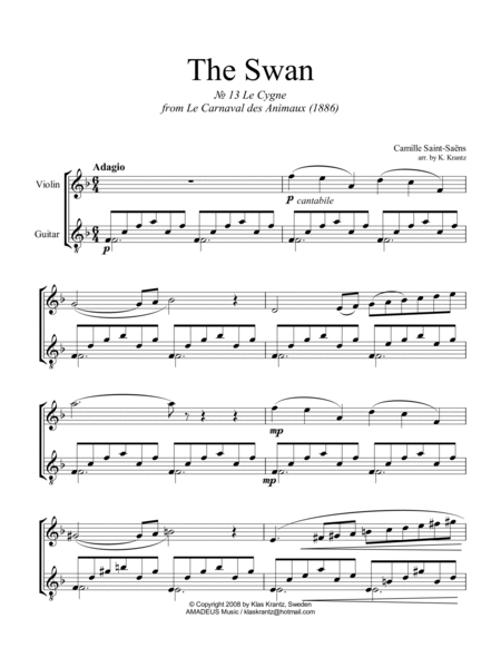 The Swan / Le cygne (F Major) for flute or violin and easy guitar image number null