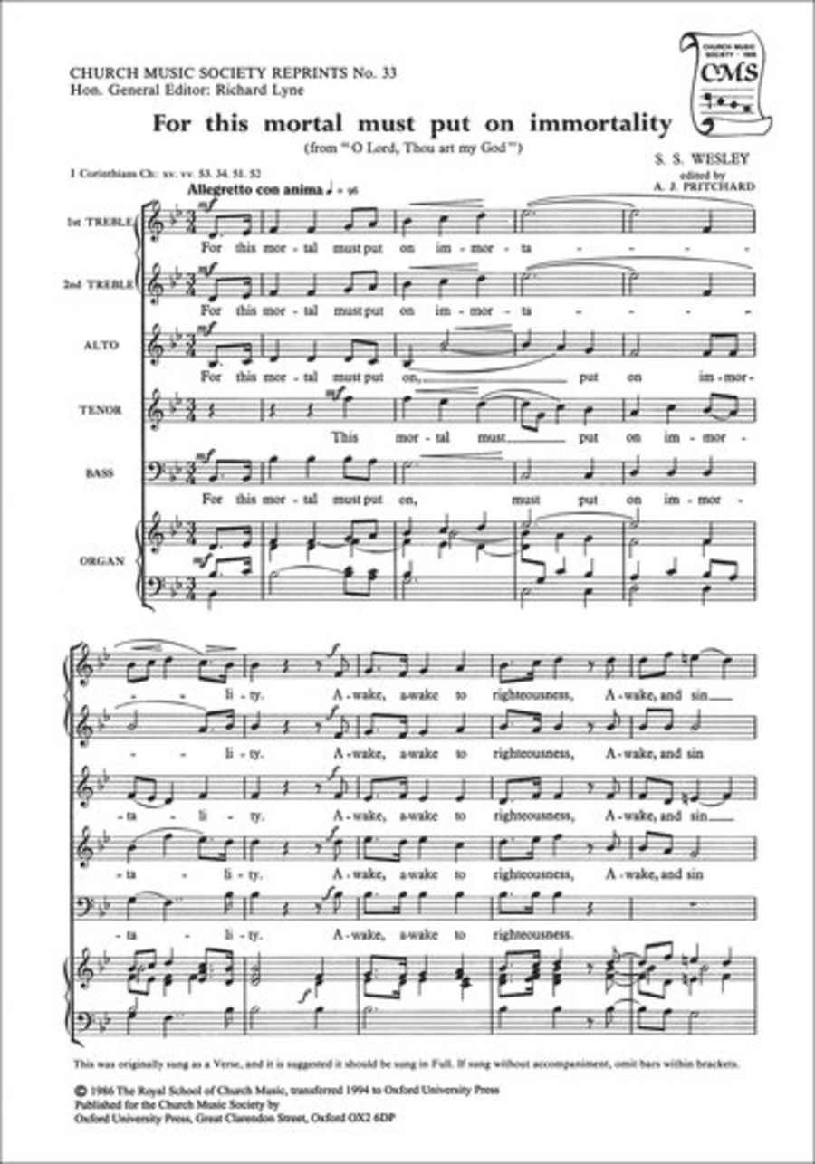 For this mortal must put on immortality by Samuel Wesley 4-Part - Sheet Music