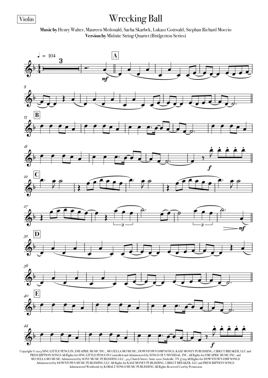 Wrecking Ball Violin Solo scores gallery preview page 1