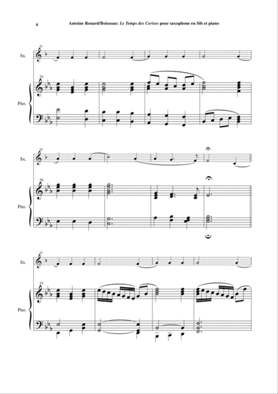 Antoine Renard: Le Temps des Cerises, arranged for Bb soprano or tenor saxophone and piano Woodwind Duet scores gallery preview page 4