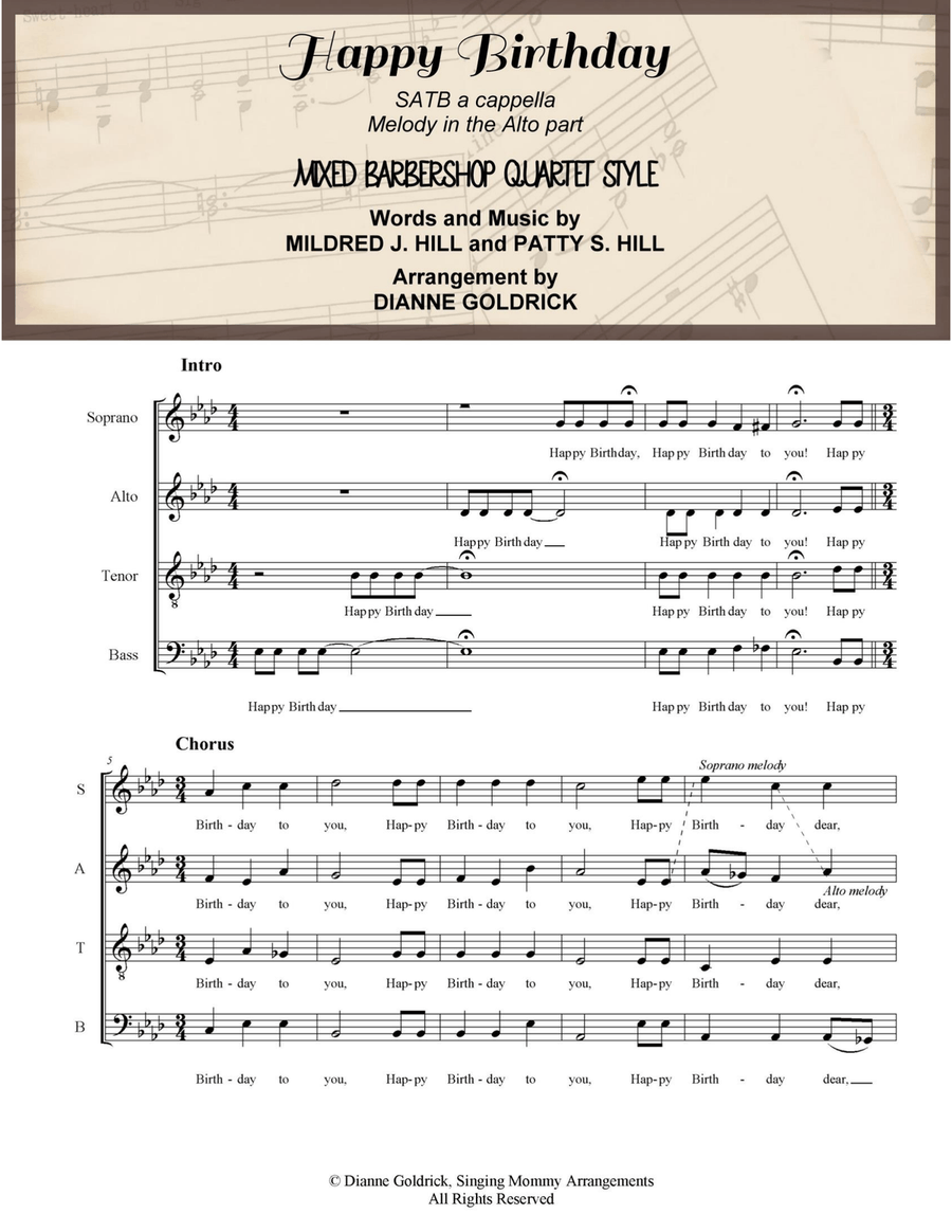 Happy Birthday, SATB a cappella, Mixed Barbershop Quartet Style 4-Part scores gallery preview page 1