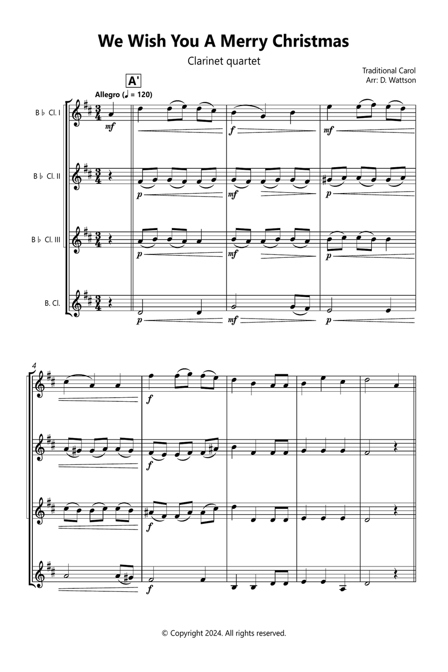 We Wish You A Merry Christmas Clarinet Quartet scores gallery preview page 1