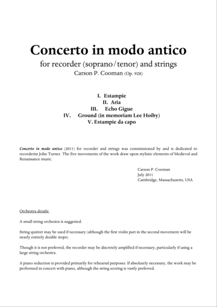 Carson Cooman : Concerto in modo antico (2011) for recorder (soprano or tenor) and strings, score, s