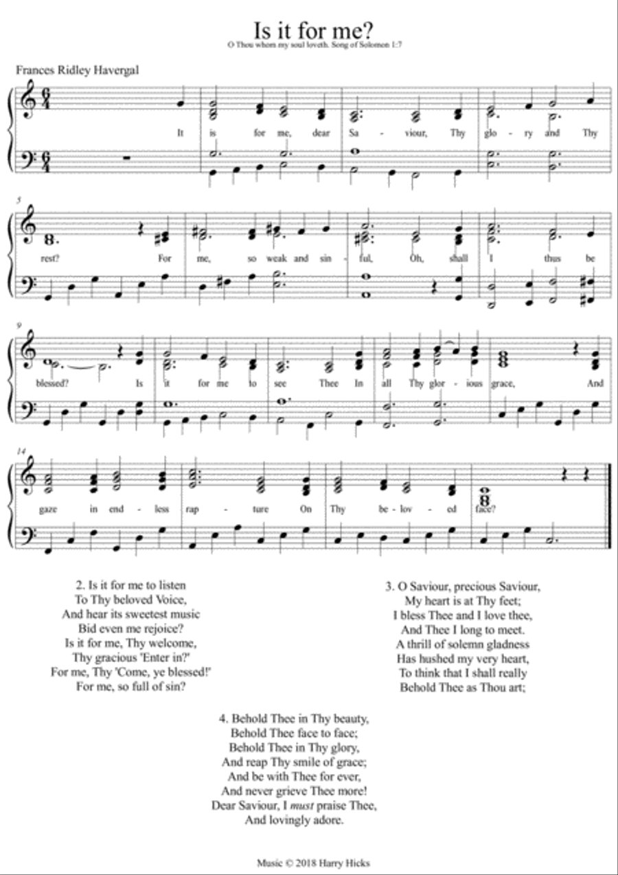 Is it for me, dear Saviour? A new tune to a wonderful Frances Ridley Havergal hymn. Unison Choir scores gallery preview page 1