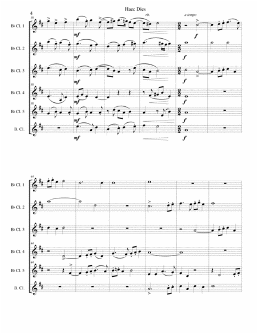 Haec Dies for clarinet sextet (5 B flat clarinets and 1 Bass clarinet) B-Flat Clarinet scores gallery preview page 4