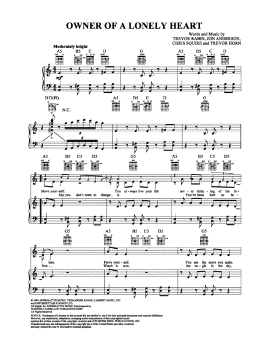 Owner of a Lonely Heart Piano, Vocal, Guitar scores gallery preview page 1