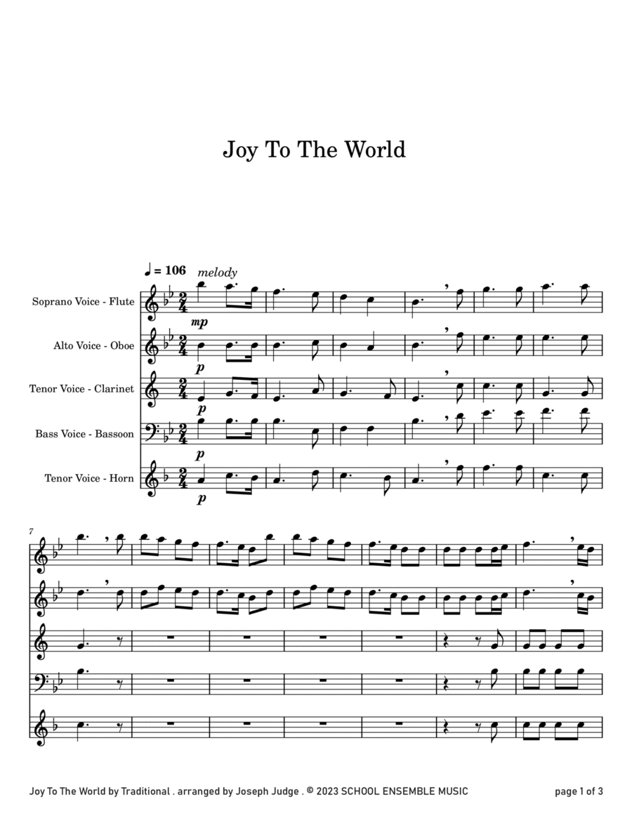 Joy To The World for Woodwind Quartet in Schools Woodwind Quartet scores gallery preview page 1