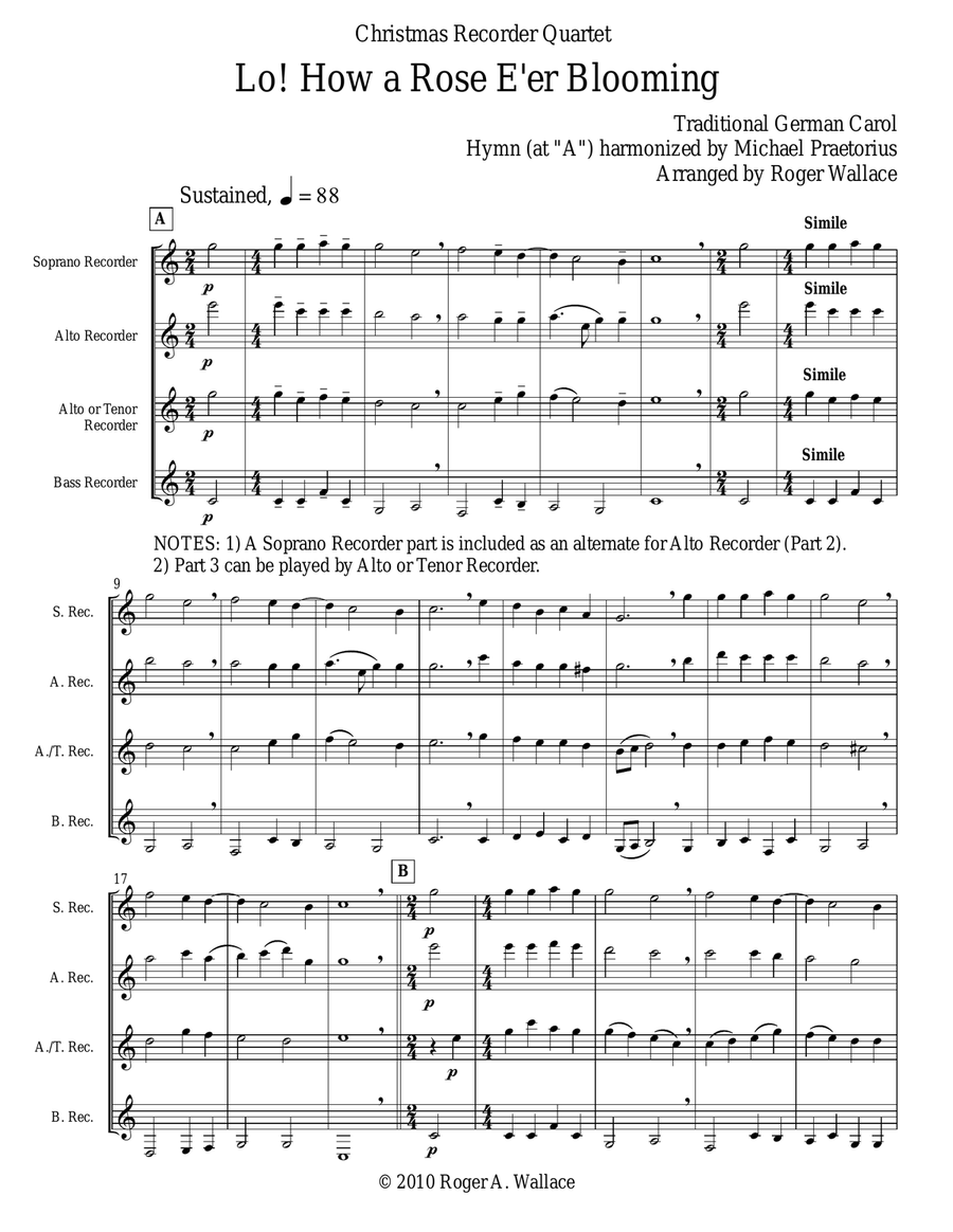 Lo! How a Rose E'er Blooming (Recorder Quartet) Soprano Recorder scores gallery preview page 1
