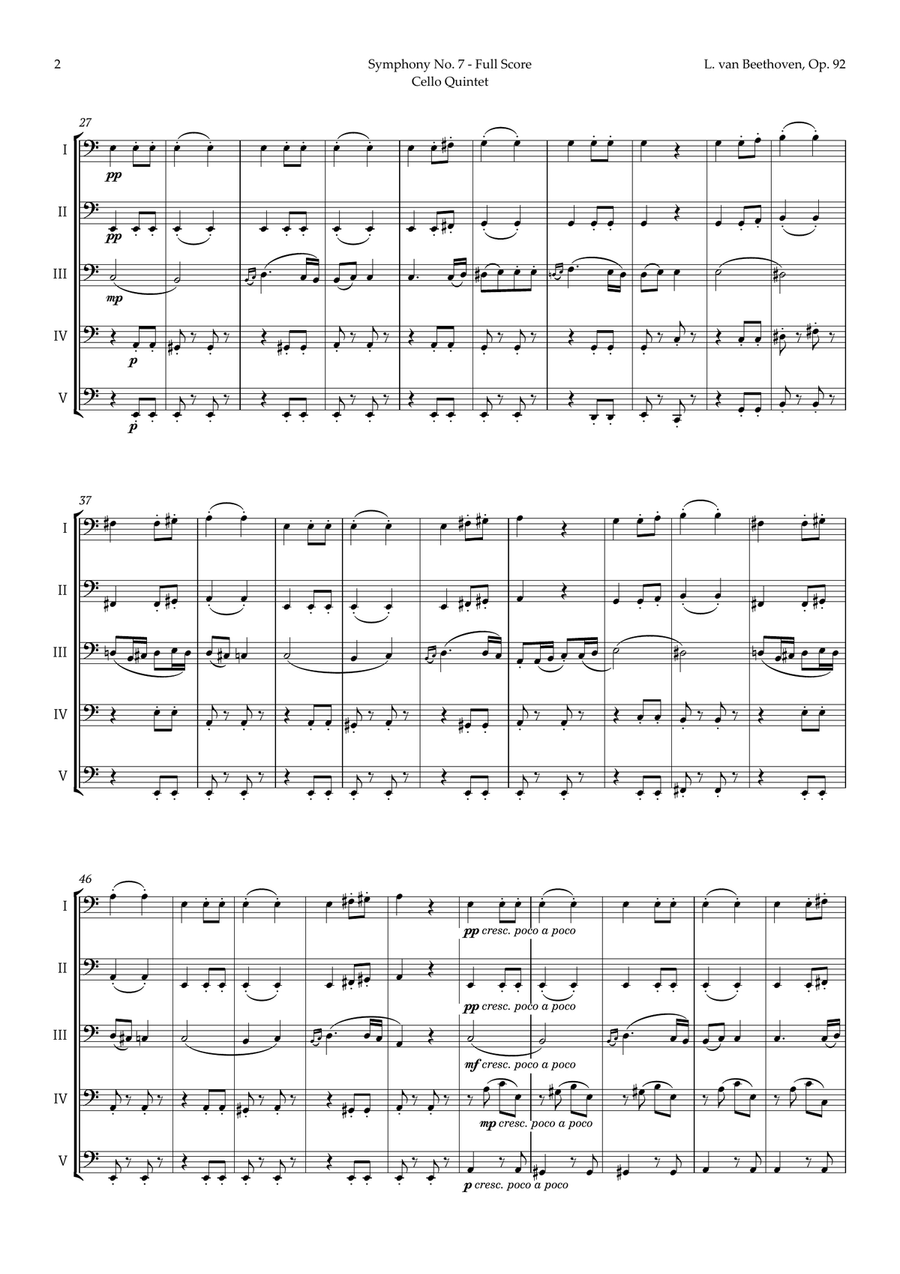 2nd Movement of Symphony No. 7 by Beethoven for Cello Quintet String Quintet scores gallery preview page 3