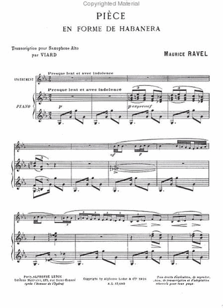 Piece en Forme de Habanera - Saxophone Alto Mib et Piano