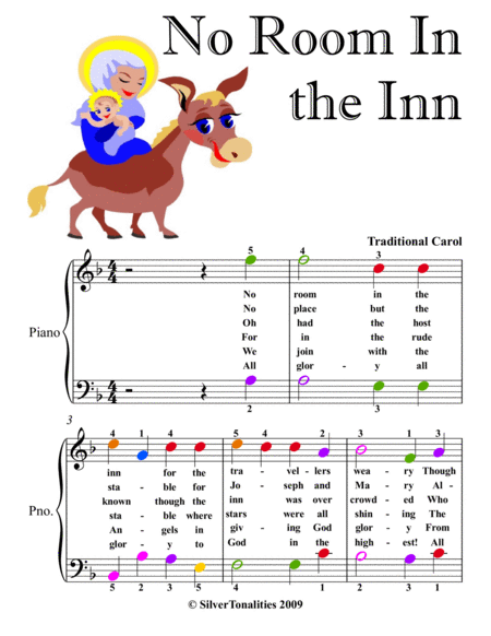 No Room in the Inn Easy Piano Sheet Music with Colored Notation