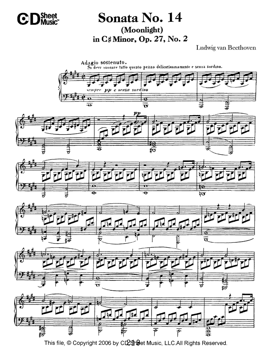 Sonata No. 14 In C-sharp Minor (moonlight), Op. 27, No. 2 Piano Solo scores gallery preview page 1