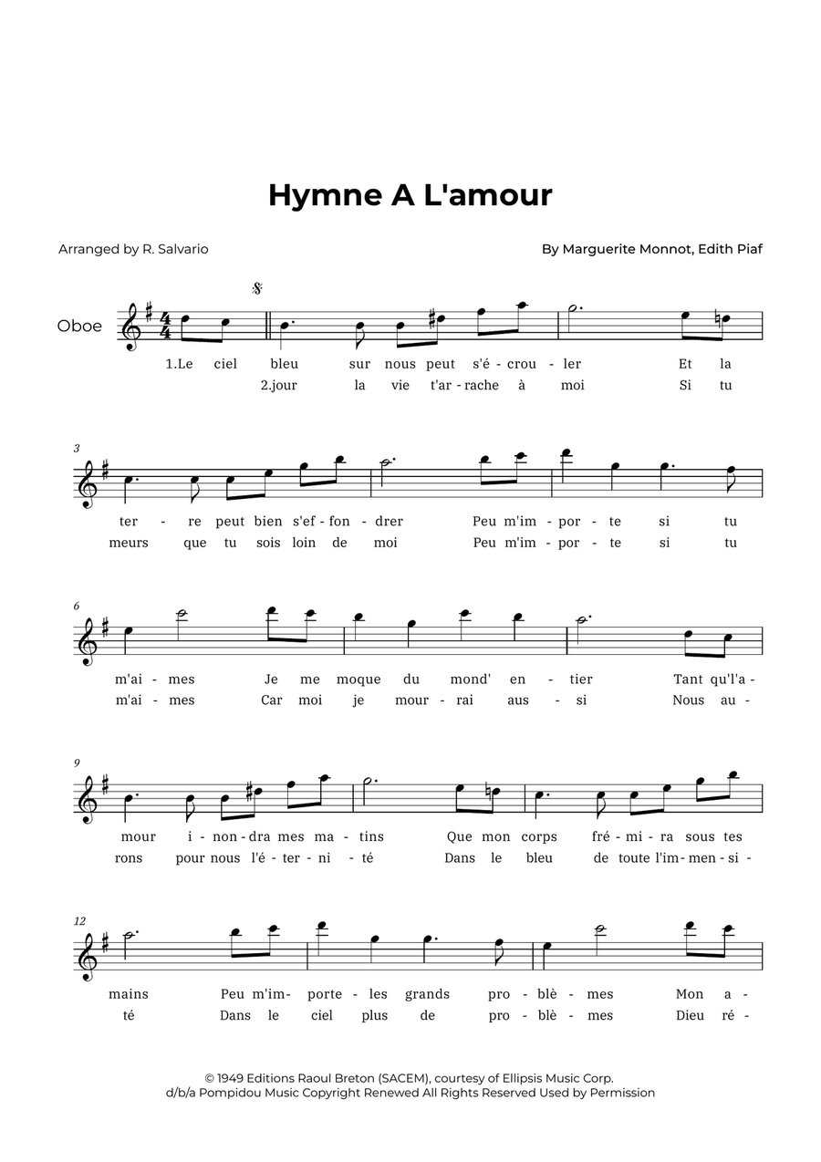 Hymne A L'amour Hymne A L'amour Piano scores gallery preview page 1