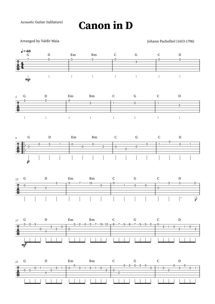 Canon in D - Acoustic Guitar TABLATURE (+CHORDS) Acoustic Guitar scores gallery preview page 1