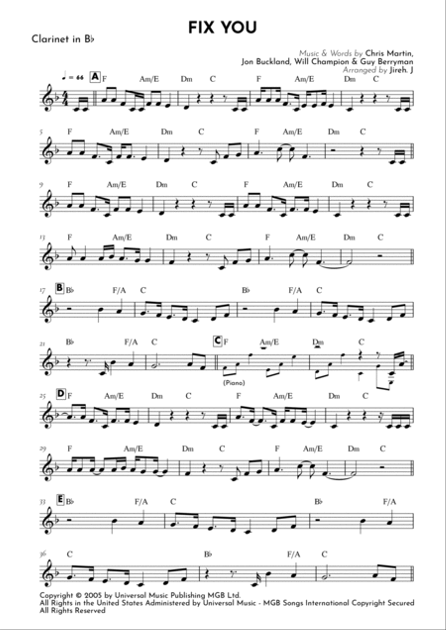 Fix You B-Flat Clarinet scores gallery preview page 2