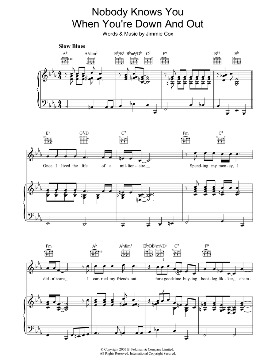 Nobody Knows You When You're Down And Out Piano, Vocal, Guitar scores gallery preview page 1