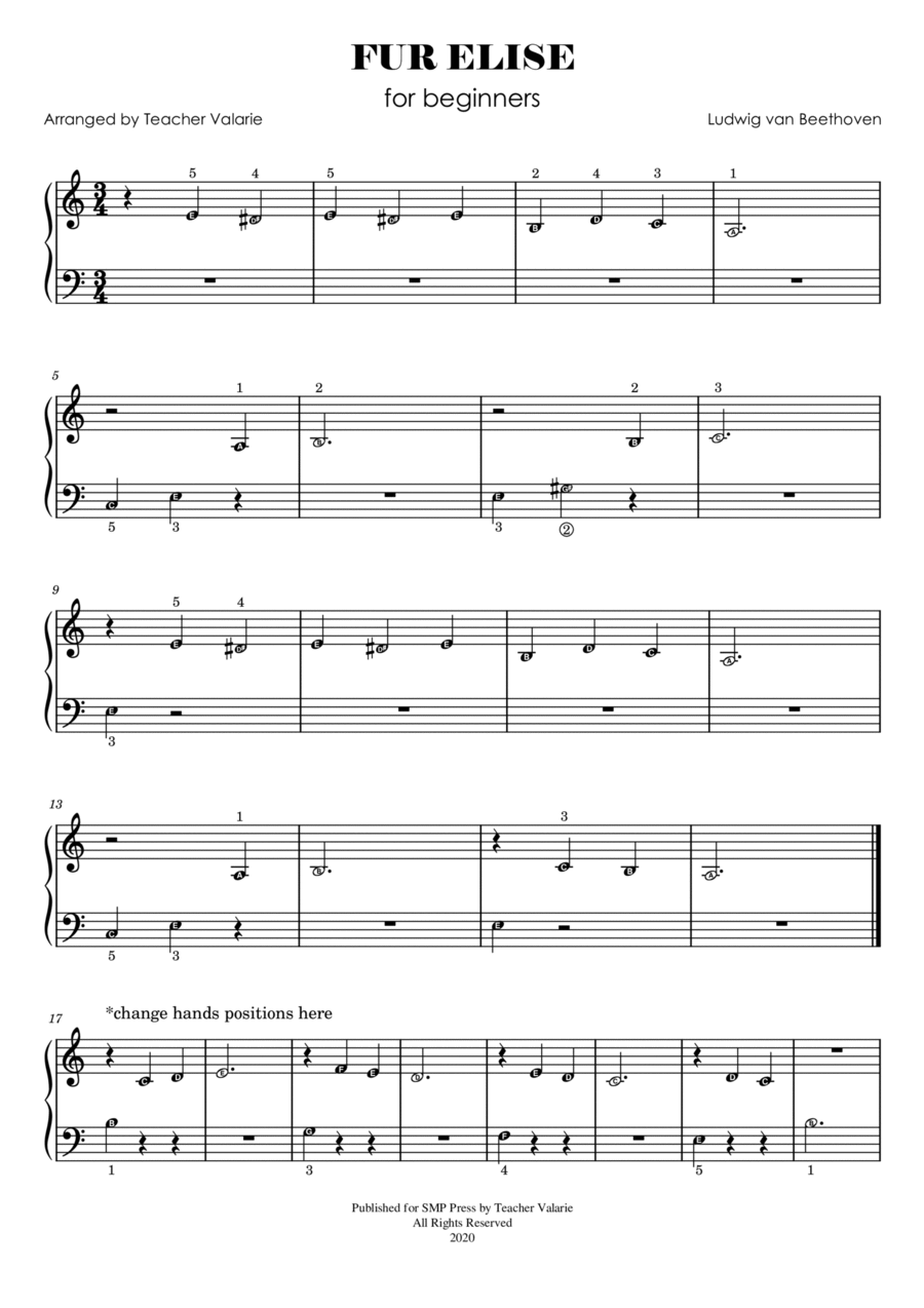 Fur Elise (short, for beginners - with note names, finger numbers) Easy Piano scores gallery preview page 1