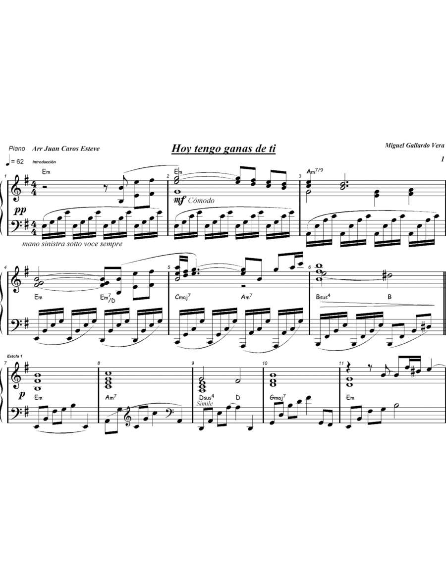Hoy Tengo Ganas De Ti Piano Solo scores gallery preview page 1