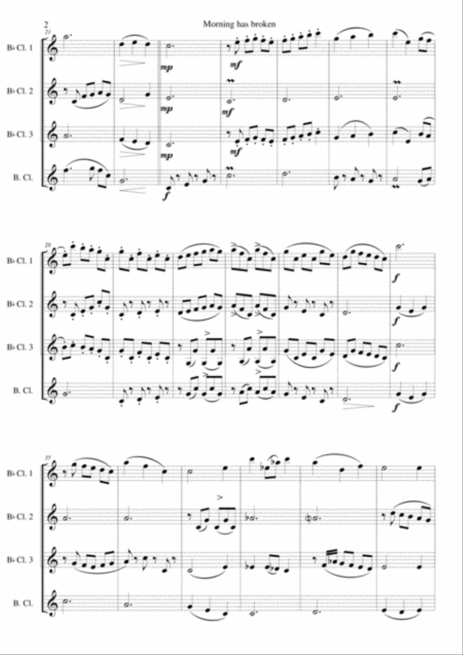 Variations on Morning has broken (Bunessan) for clarinet quartet (3 B flats and 1 bass) Clarinet Quartet scores gallery preview page 2