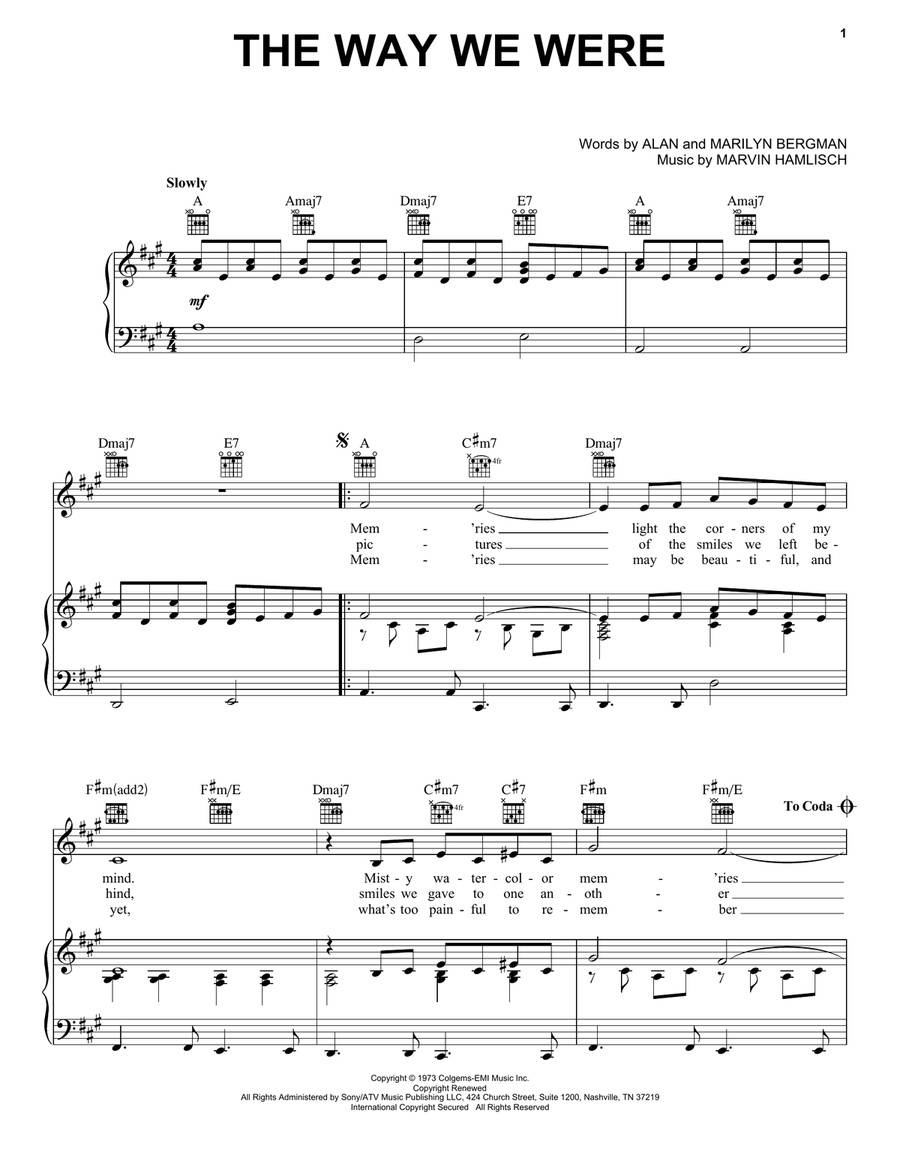 The Way We Were Piano, Vocal, Guitar scores gallery preview page 1