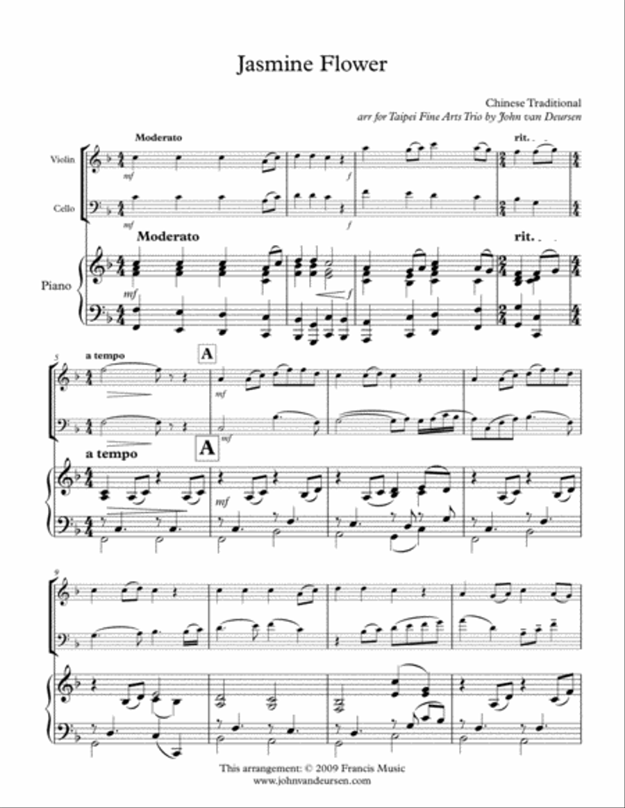 Jasmine Flower (Mo Li Hua) 茉莉花 for Trio (Violin, VC, Piano) Piano Trio scores gallery preview page 1