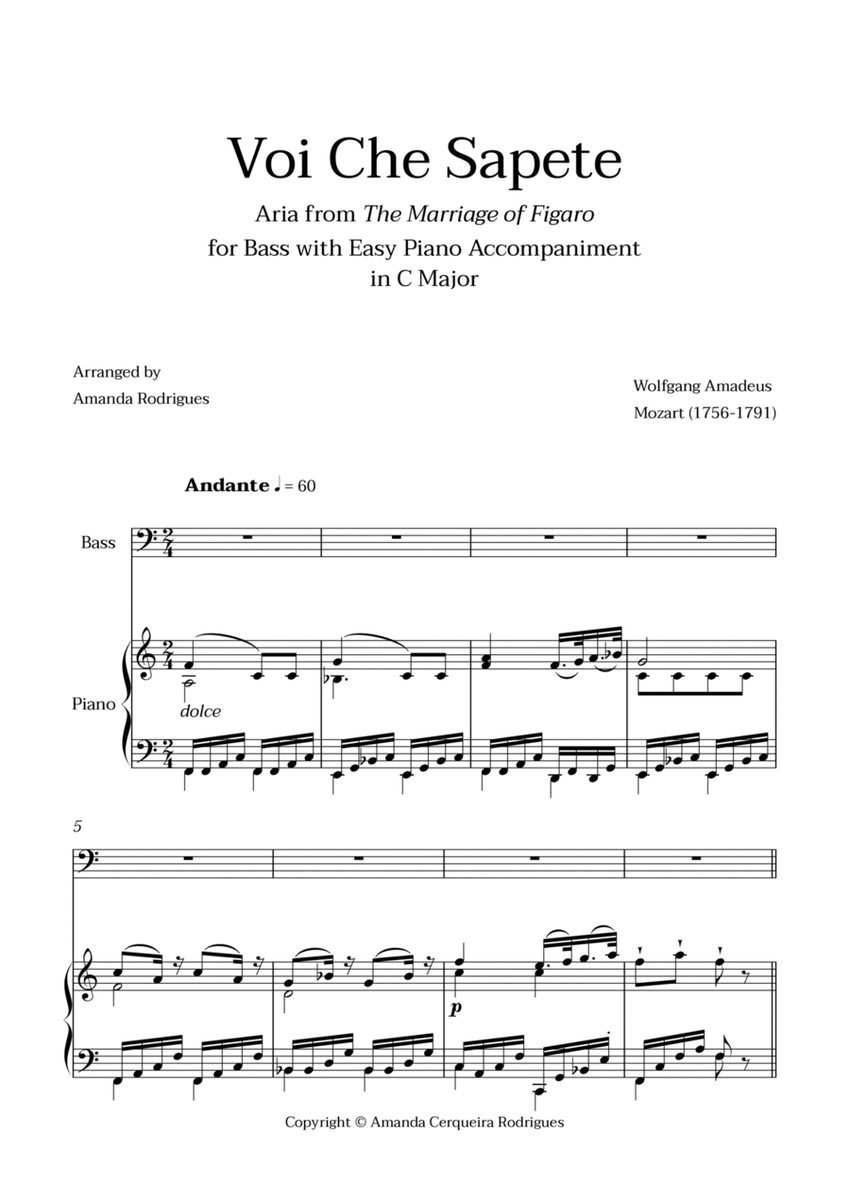 Voi Che Sapete from "The Marriage of Figaro" - Easy Bass and Piano Aria Duet in C Major image number null