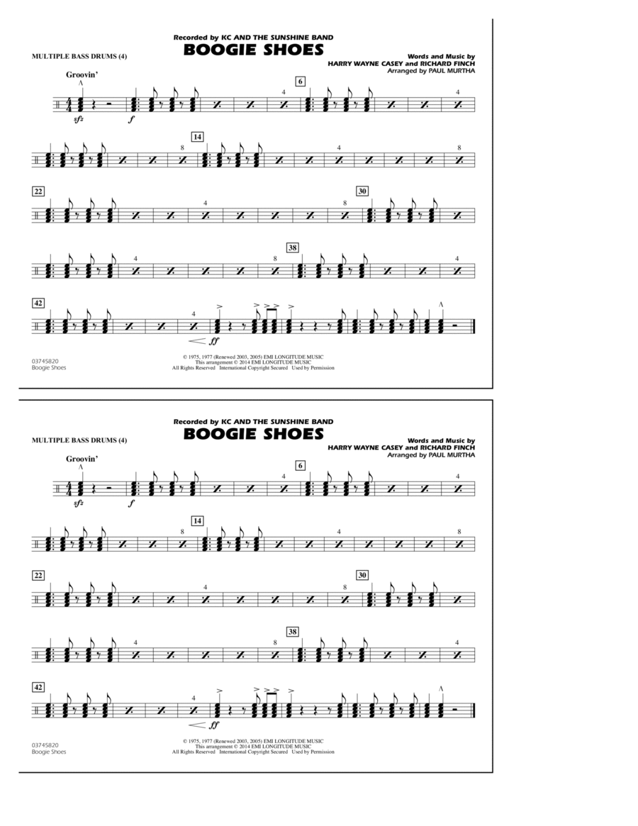 Boogie Shoes - Multiple Bass Drums Marching Band scores gallery preview page 1