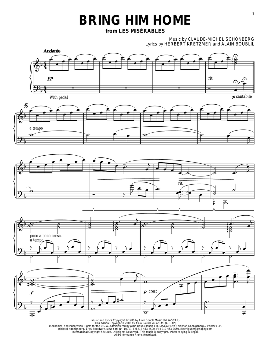 Bring Him Home Piano Solo scores gallery preview page 1