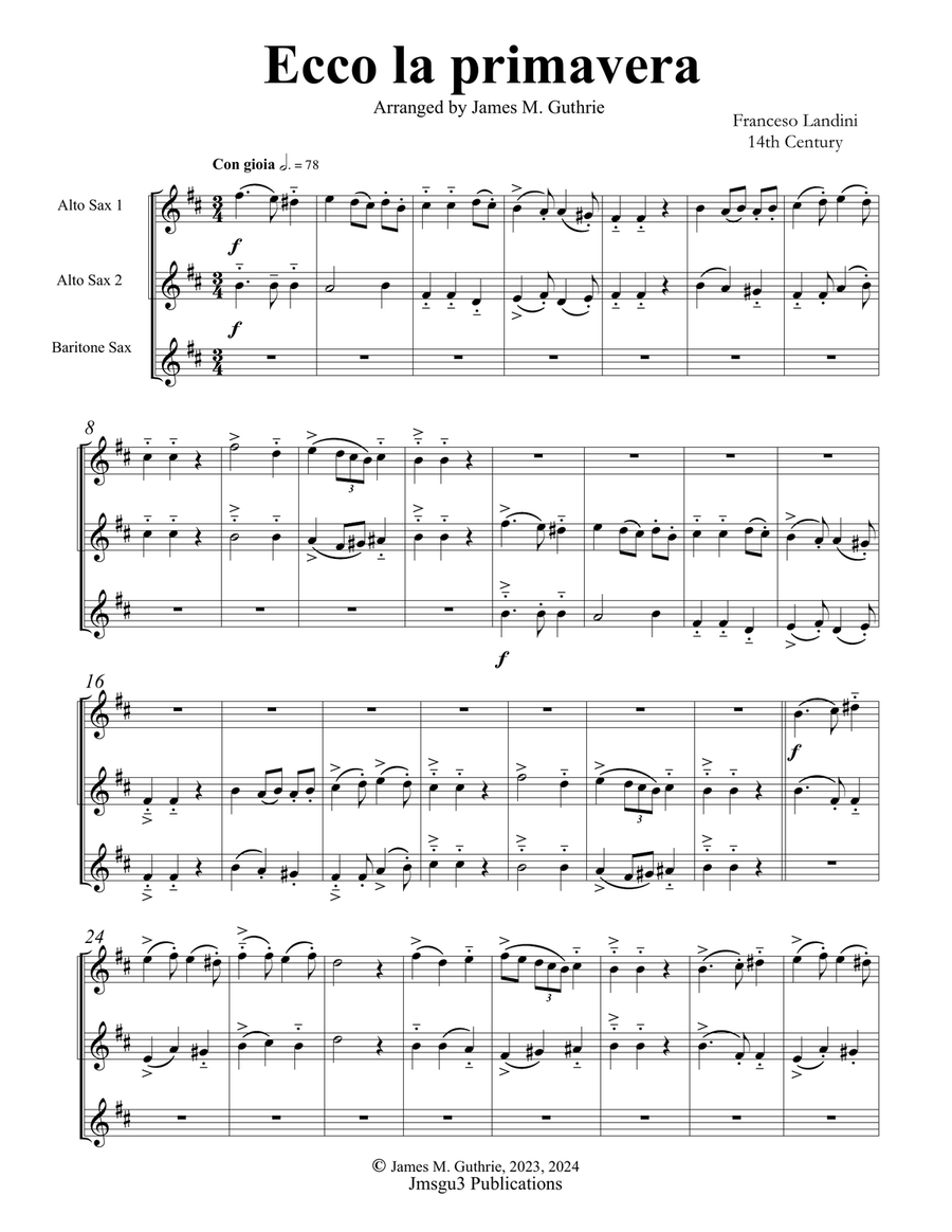 Landini: Ecco la Primavera for Saxophone Trio Woodwind Trio scores gallery preview page 1