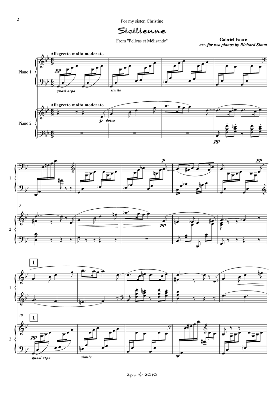 'Sicilienne' from 'Pelléas et Melisande', for 2 pianos Piano Duet scores gallery preview page 1