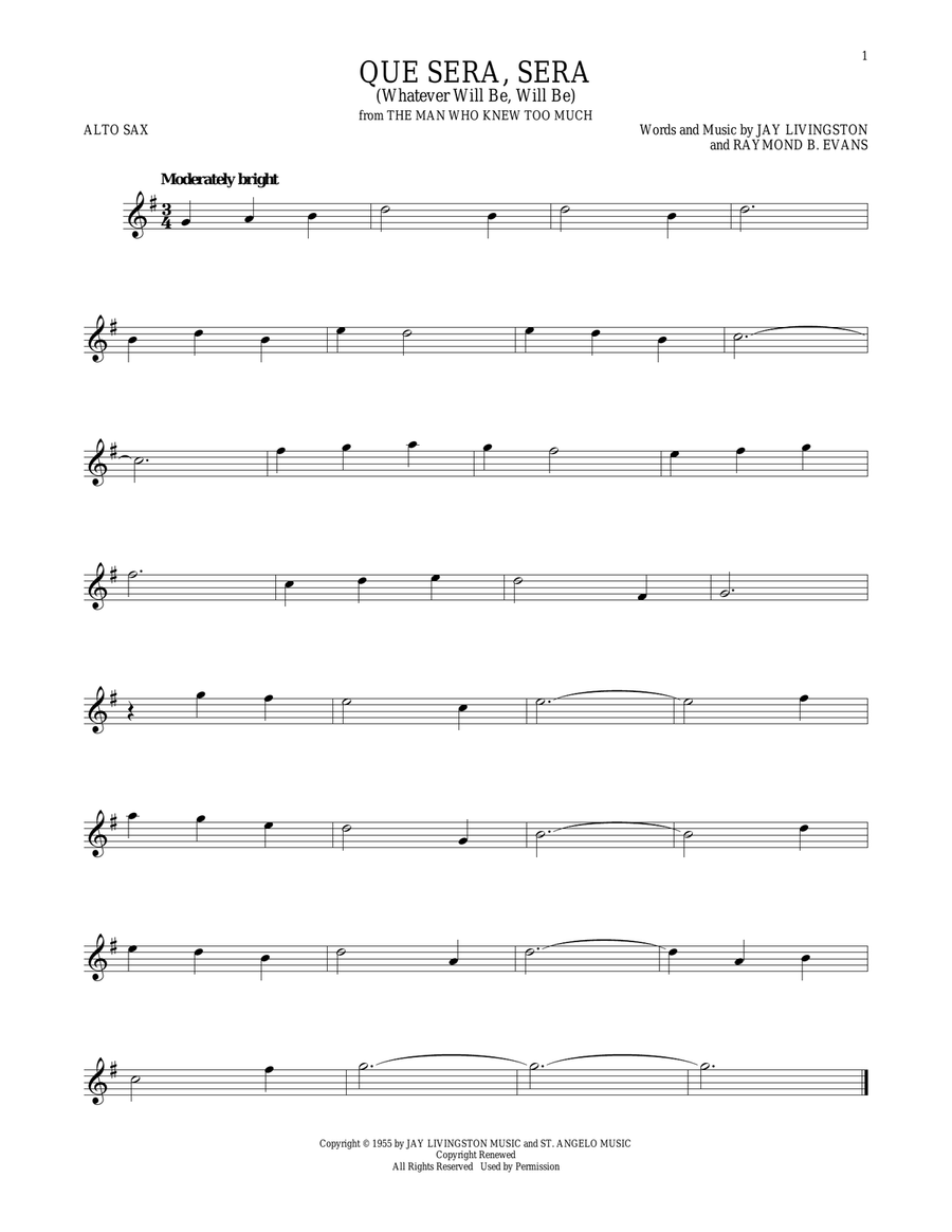 Que Sera, Sera (Whatever Will Be, Will Be) Alto Saxophone scores gallery preview page 1