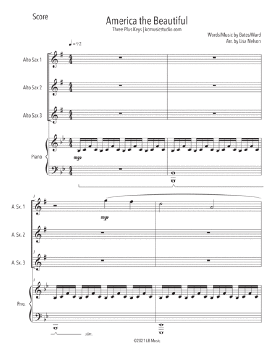America the Beautiful Alto Sax Trio with Piano Accompaniment - Beginning Small Ensemble scores gallery preview page 2