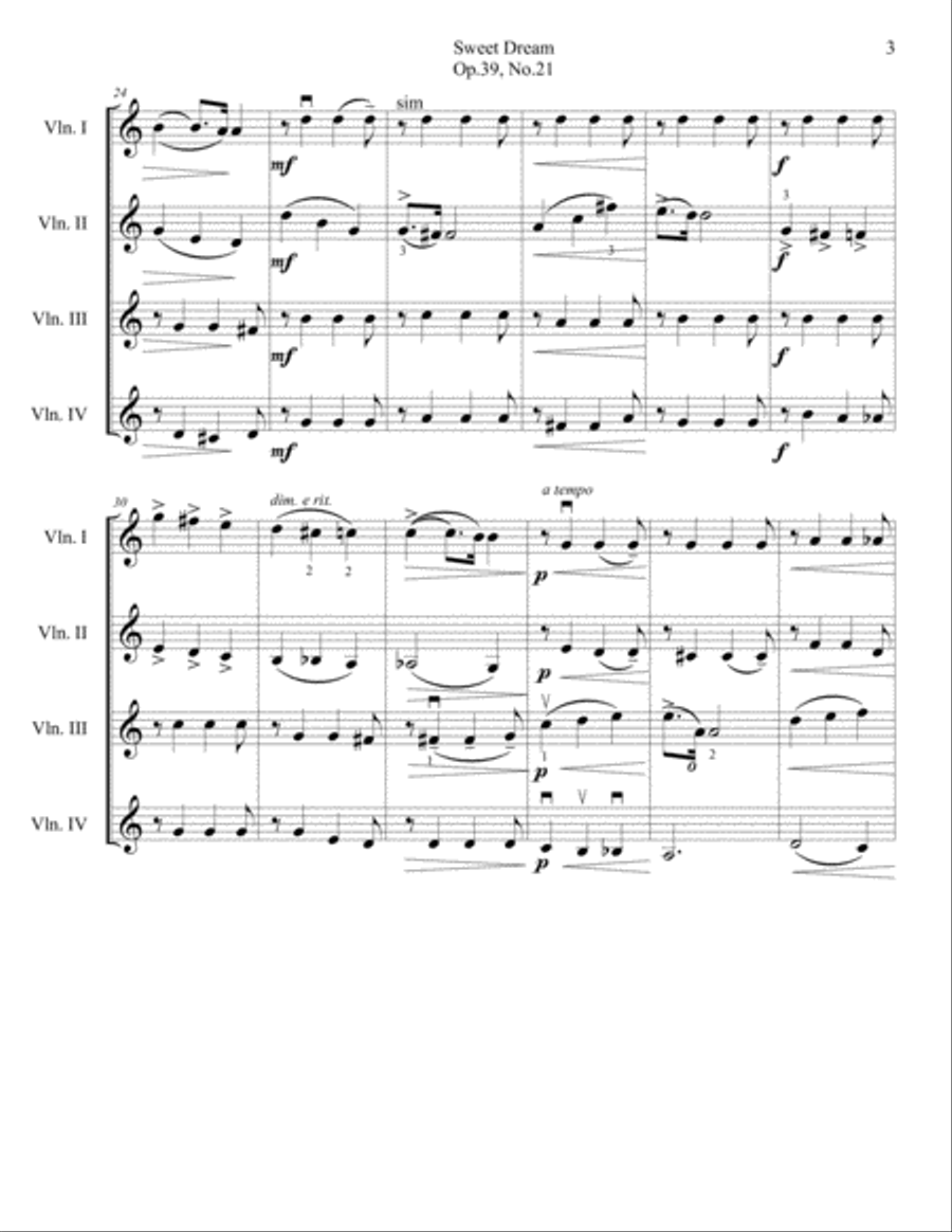 Tchaikovsky: Sweet Dream, Op.39, No.21 - Violin Quartet String Quartet scores gallery preview page 4