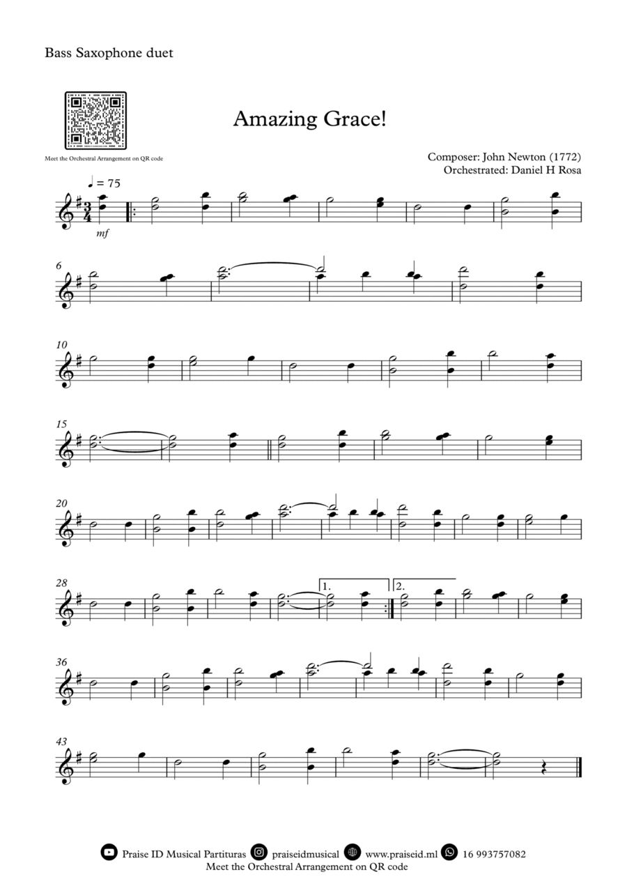 Amazing Grace How Sweet the sound - Easy Bass Saxophone Duet Woodwind Duet scores gallery preview page 1