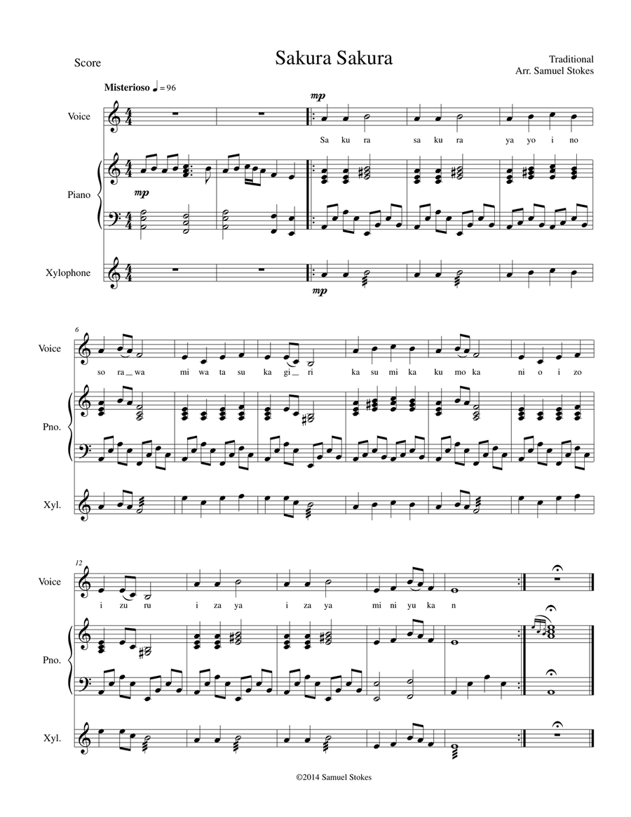 Sakura Sakura - for voice, piano, xylophone Small Ensemble scores gallery preview page 1