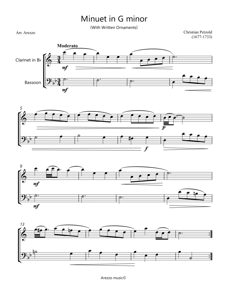 Minuet in G minor Anh 115 - Clarinet and Bassoon - Written ornaments Woodwind Duet scores gallery preview page 1