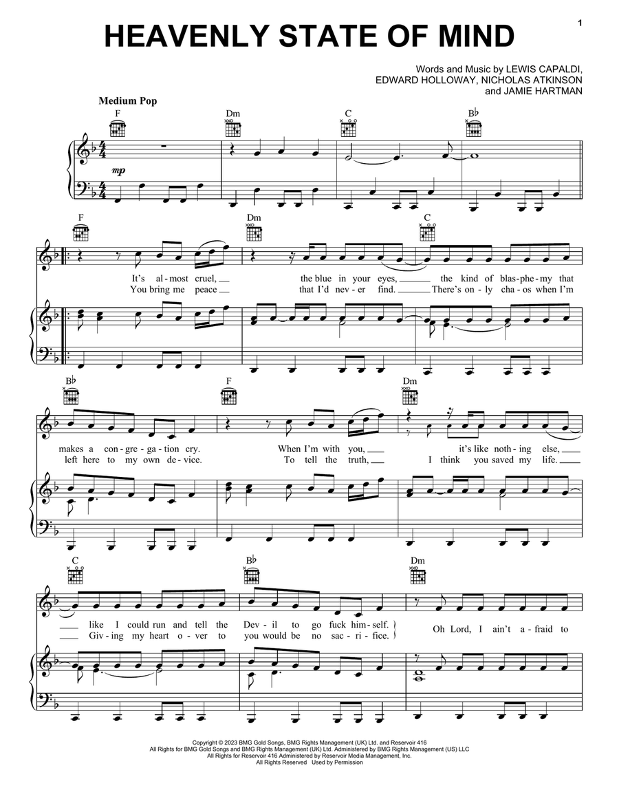 Heavenly Kind Of State Of Mind Piano, Vocal, Guitar scores gallery preview page 1