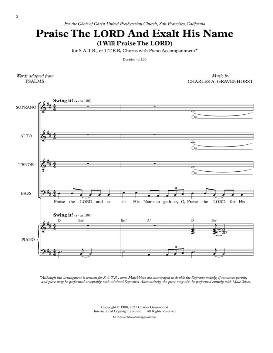 Praise the LORD And Exalt His Name (I Will Praise The LORD) – SATB/TTBB and Piano image number null