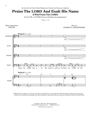 Praise the LORD And Exalt His Name (I Will Praise The LORD) – SATB/TTBB and Piano