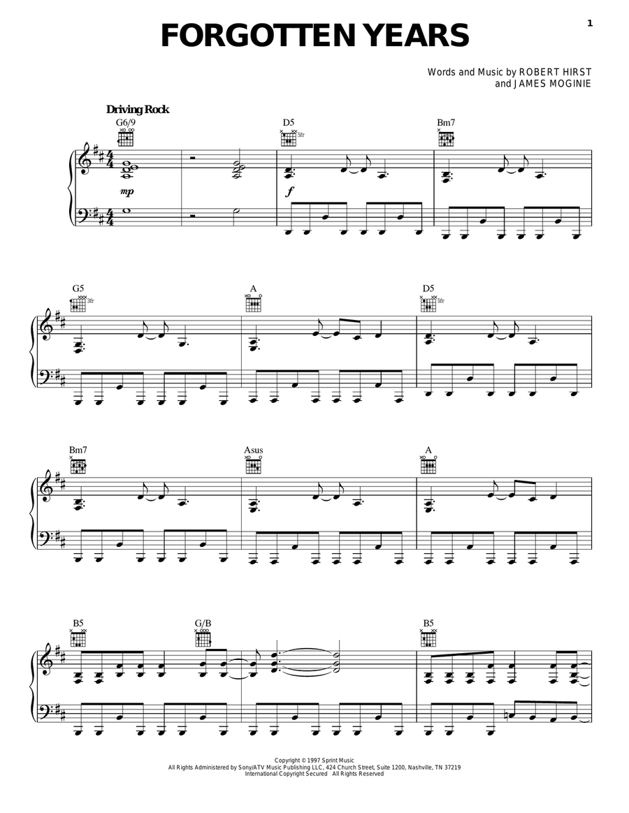 Forgotten Years Piano, Vocal, Guitar scores gallery preview page 1