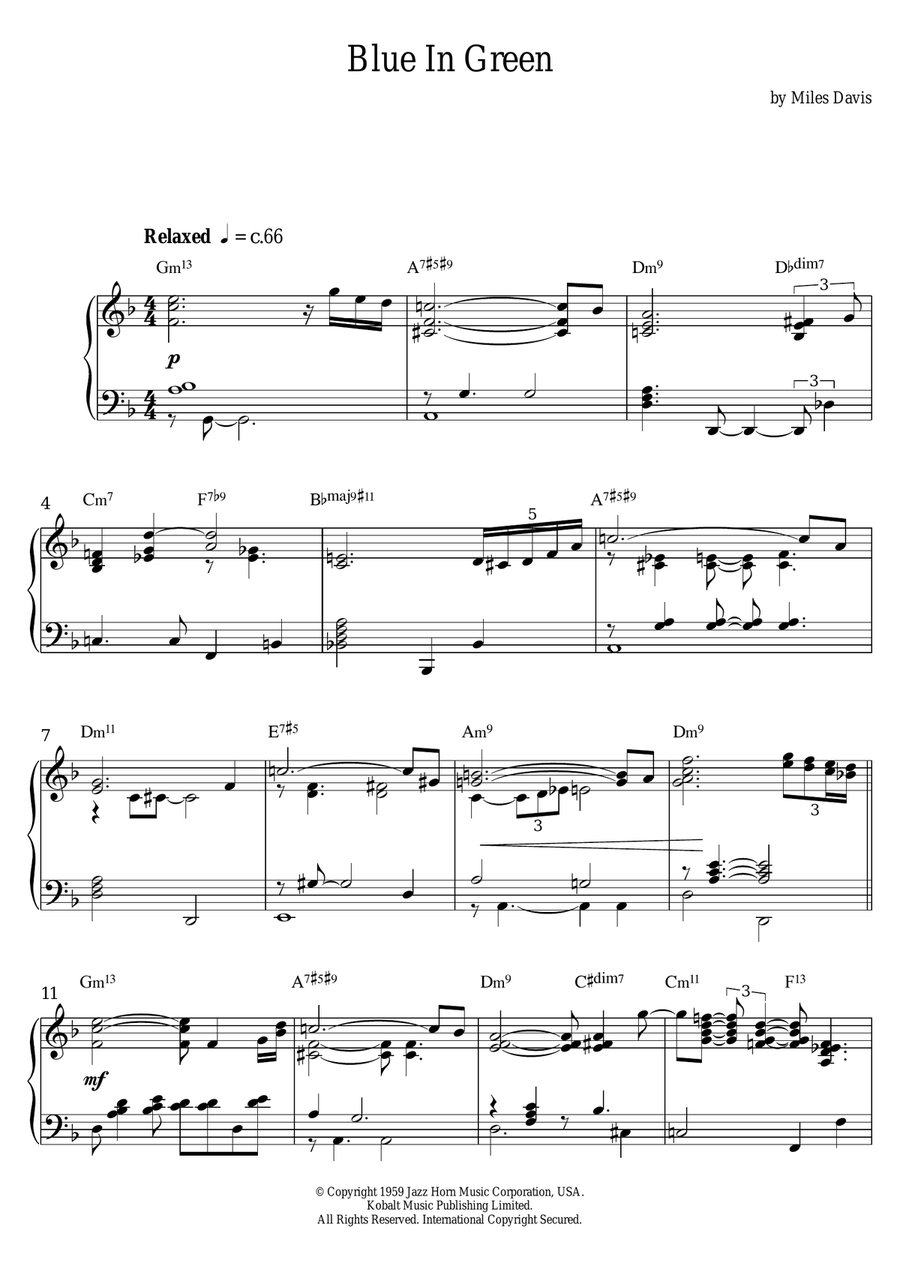 Blue In Green Piano Solo scores gallery preview page 1
