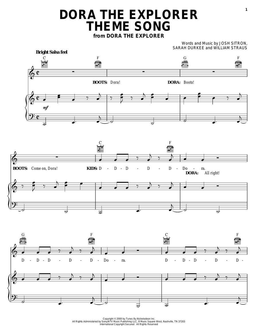 Dora The Explorer Theme Song Piano, Vocal, Guitar scores gallery preview page 1