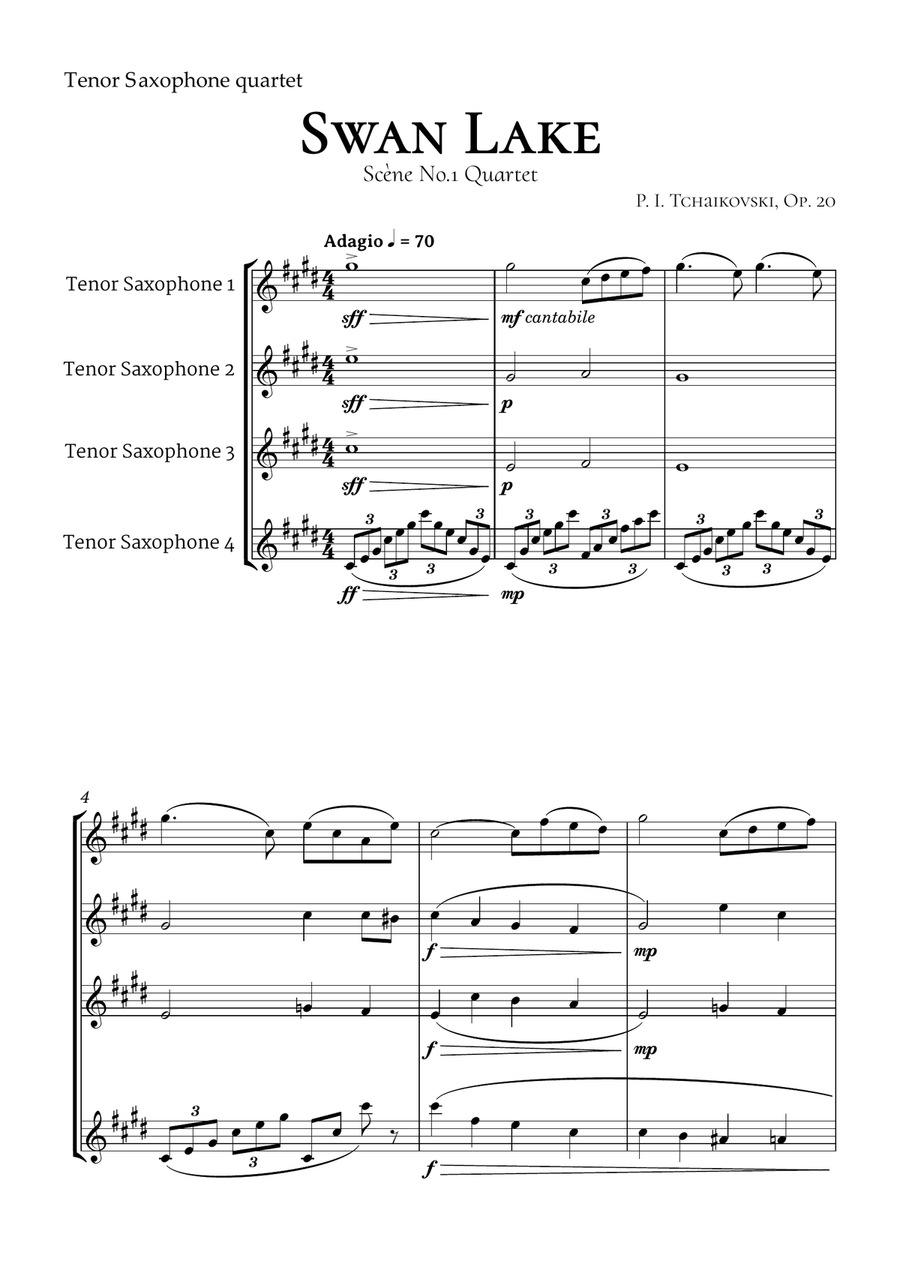 Swan Lake Tchaikovsky Tenor Saxophone Quartet Tenor Saxophone scores gallery preview page 2