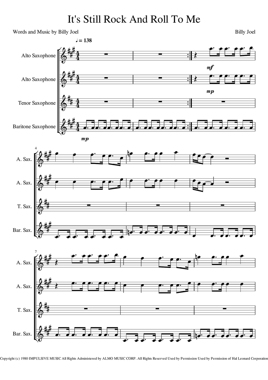 It's Still Rock And Roll To Me Woodwind Quartet scores gallery preview page 1
