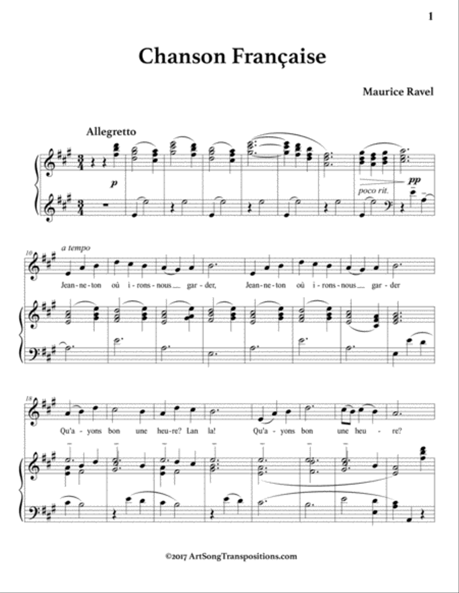 RAVEL: Chanson Française (transposed to A major) Voice scores gallery preview page 2