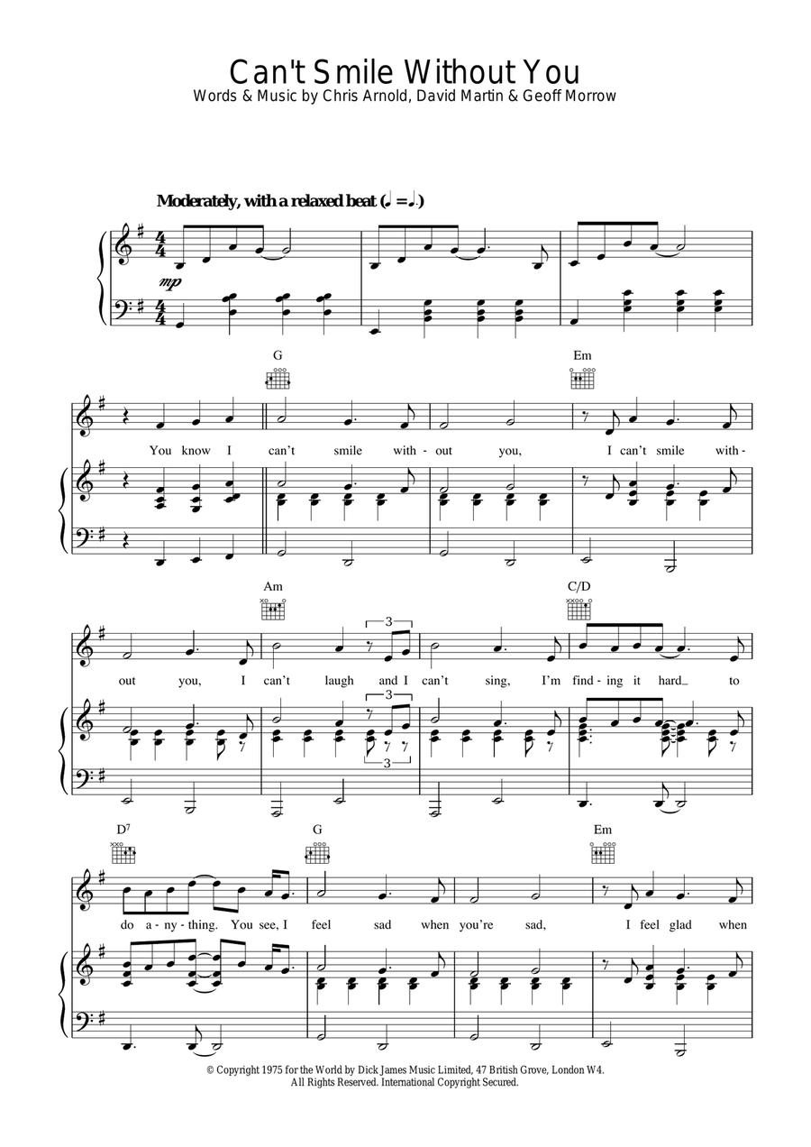 Can't Smile Without You Piano, Vocal, Guitar scores gallery preview page 1