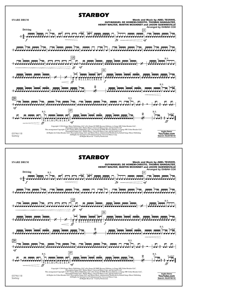 Starboy - Snare Drum Marching Band scores gallery preview page 1