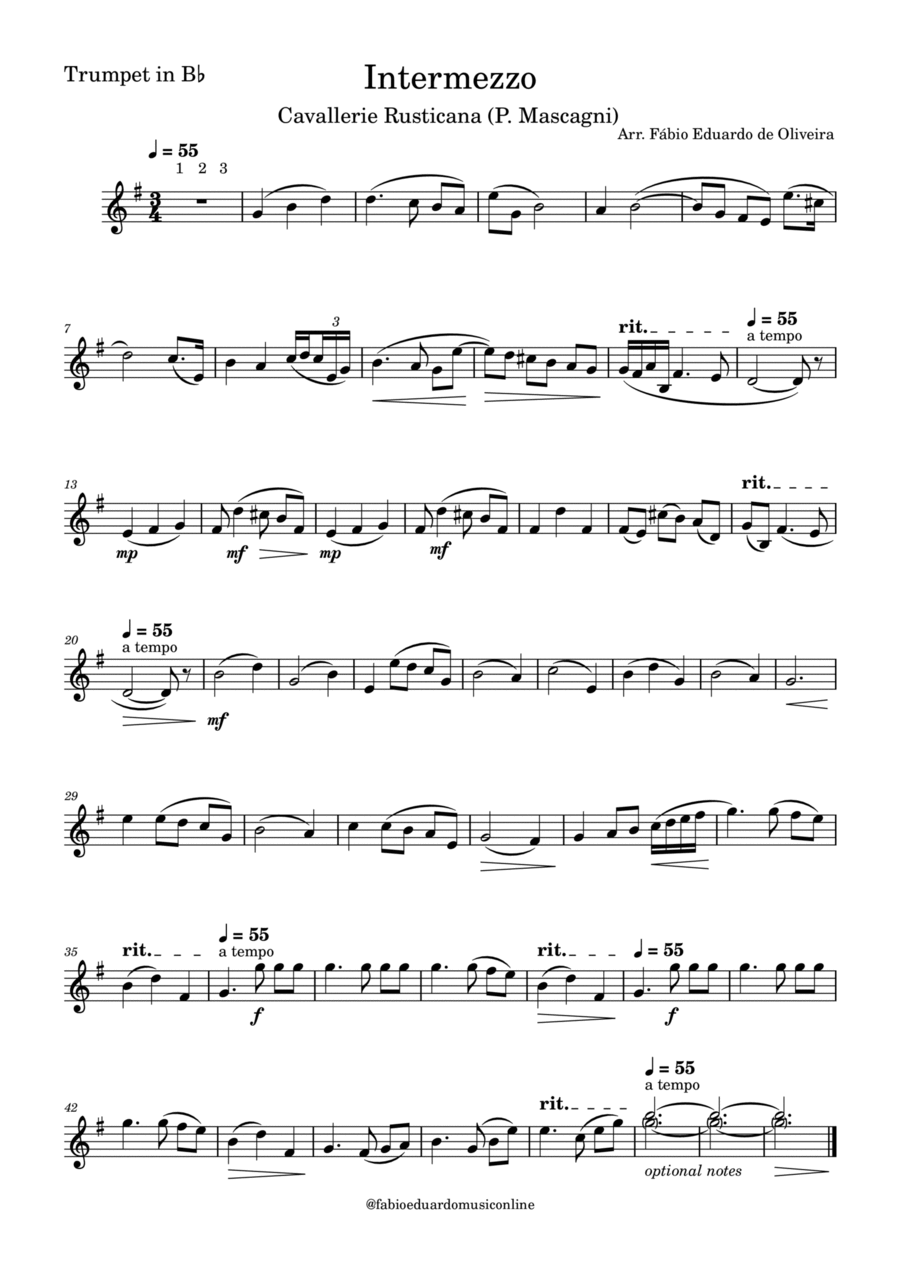Intermezzo (Cavalleria Rusticana) - Easy Arrangement B-Flat Trumpet scores gallery preview page 1