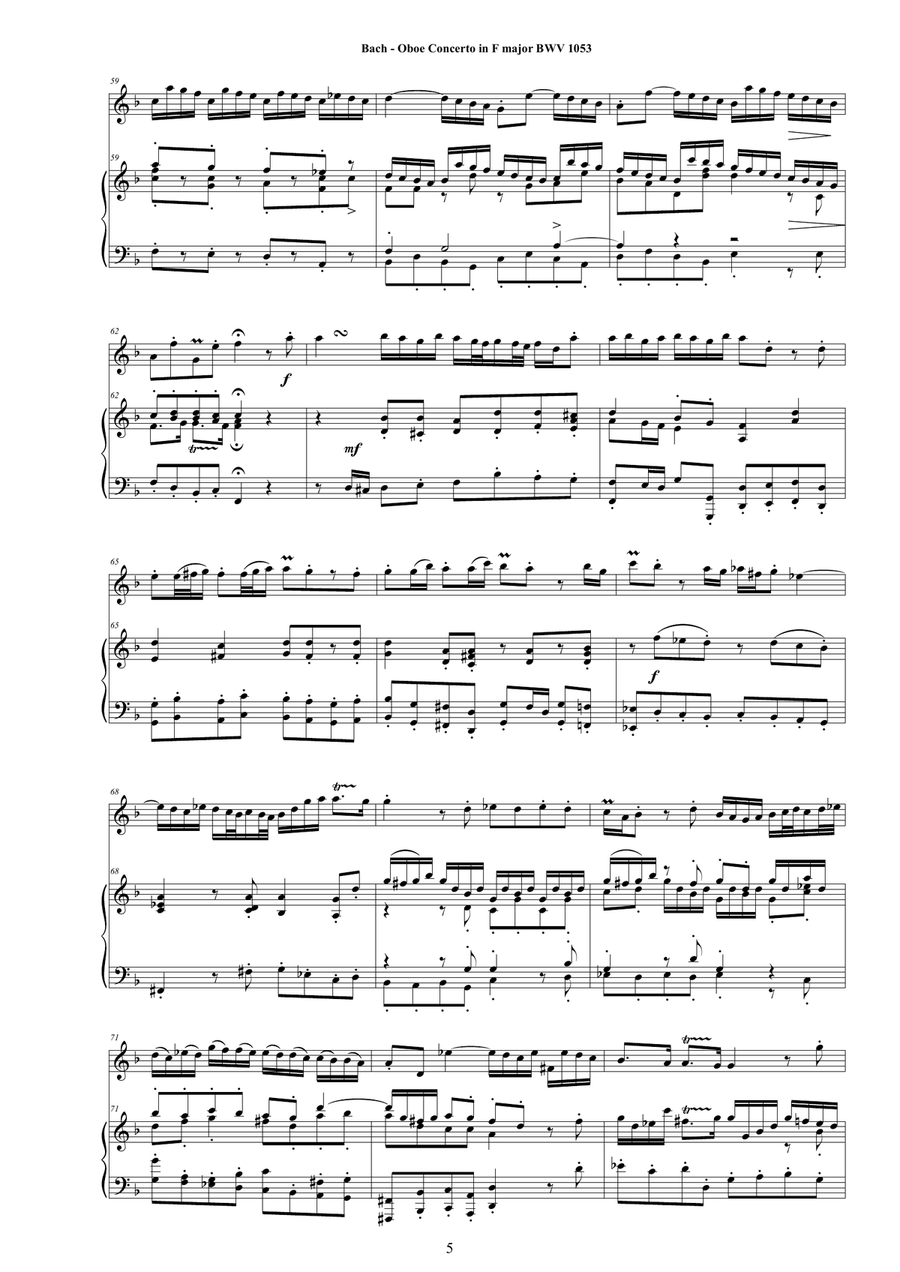 Bach - Oboe Concerto in F major BWV1053 for Oboe and Piano - Score and Oboe part Piano scores gallery preview page 5